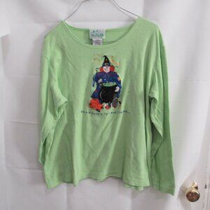 Quacker Factory Large Halloween Shirt Green Witch Caldron Cat LS embroidered